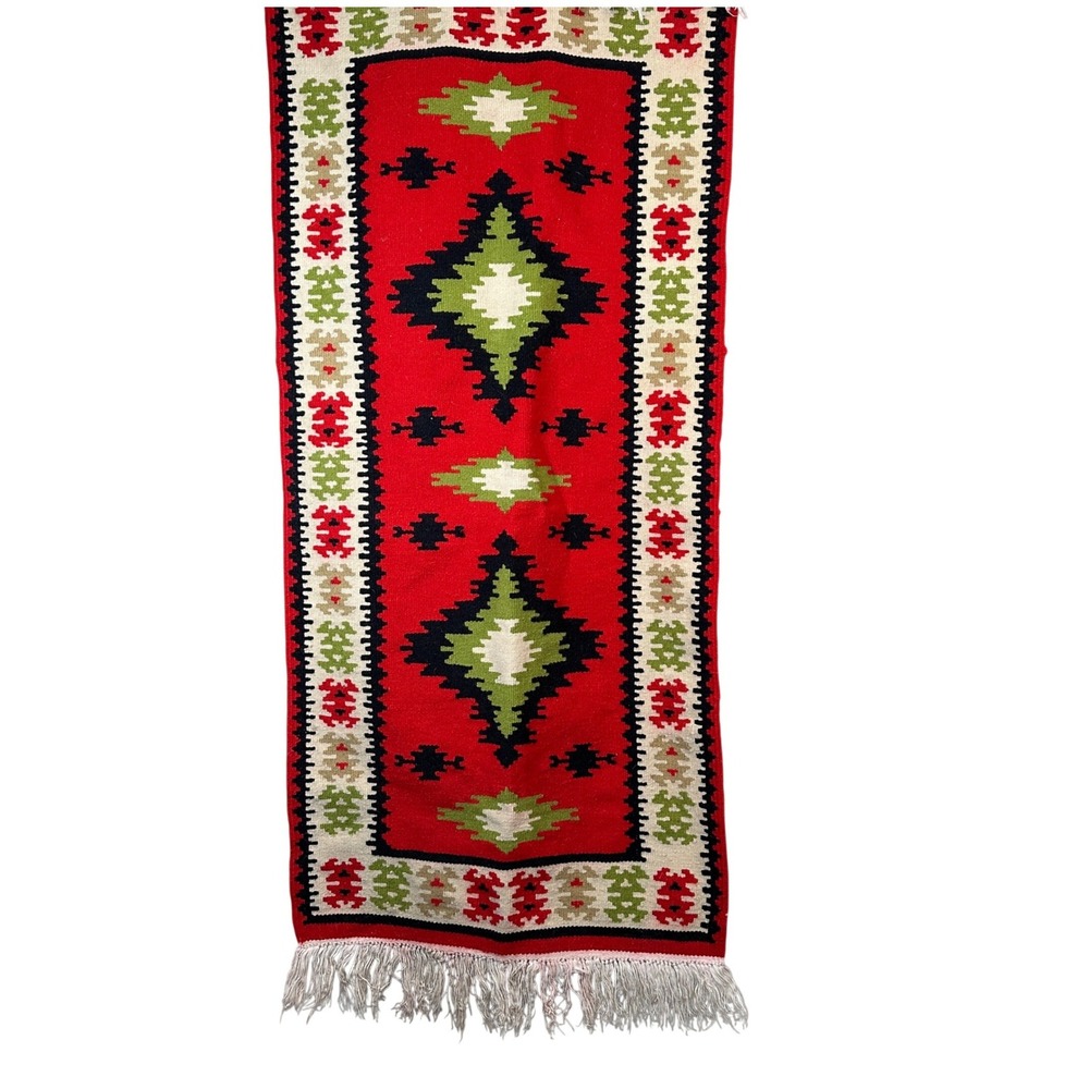 Vintage Southwestern Kilim Runner Rug Red Green Geometric Tribal 22x46
